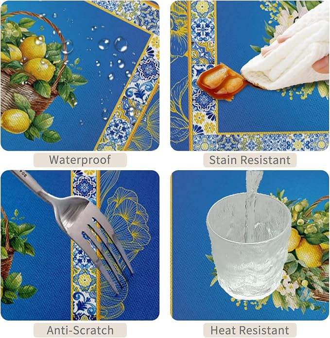 54x108inches Blue and Yellow Rectangle Tablecloth Summer Fruit Lemon Boho - Image 4