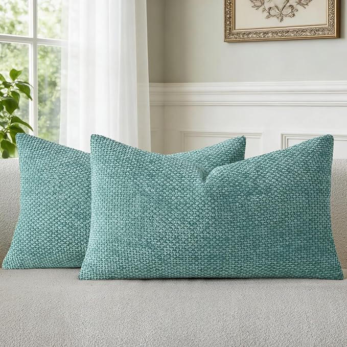 a moment Teal Chenille Throw Pillow Covers 12x20 Inch Pack of 2 Modern by amoment