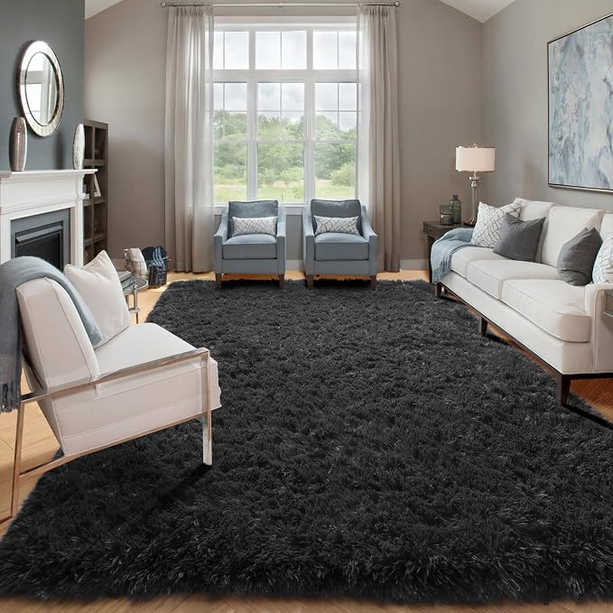 ONASAR Black Area Rugs for Living Room Bedroom, 5x8 Fluffy Shaggy Rug, Washable - Image 4
