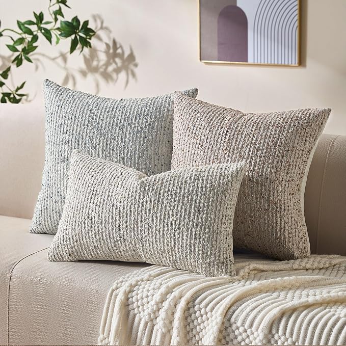 Decorative Couch Throw Pillow Covers 22x22 Cream Gray Striped Soft Wool Pillow - Image 4