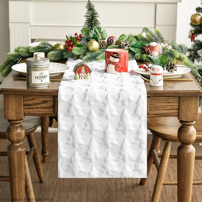 Artoid Mode Christmas Trees Soft Plush Faux Fur Jacquard Christmas Table Runner - Image 5