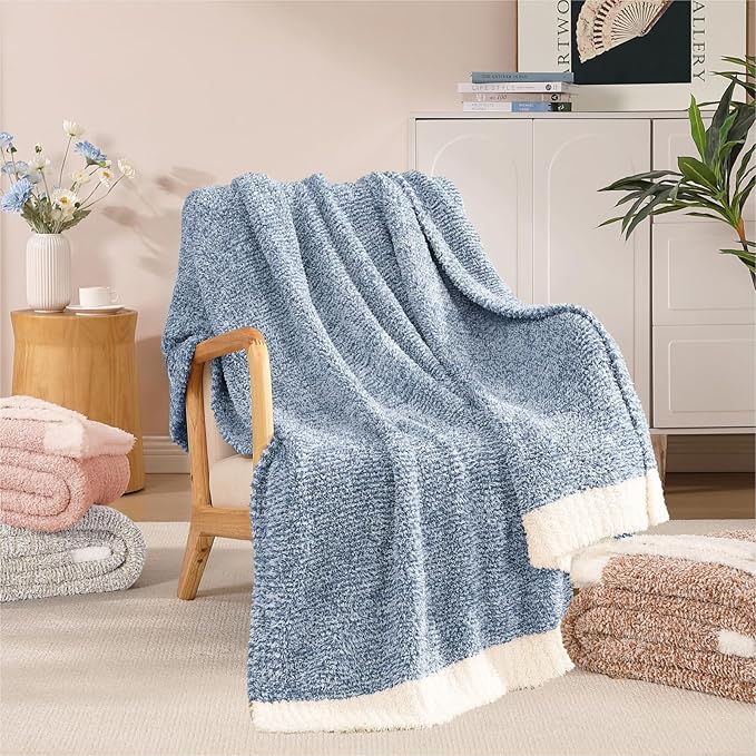 WRENSONGE Throw Blanket Cationic Dyeing Blue Soft Cozy Fluffy Warm Hand Made - Image 3