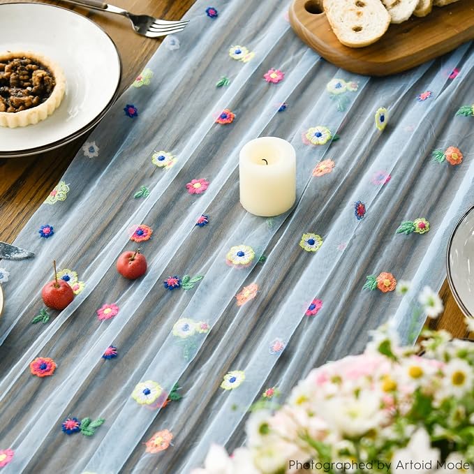 Artoid Mode Blue Embroidery Daisy Gauze Table Runner 120 Inch 10FT, Seasonal - Image 6