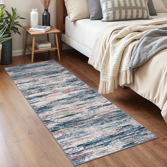 2x5 Modern Abstract Runner Rug for Hallway, Teal Blue Peach Gray Multi Super - Image 3