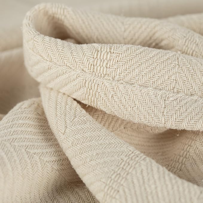 Sticky Toffee Cotton Throw Blanket, 60 x 50 Inch, Ivory Cream Herringbone Weave - Image 4
