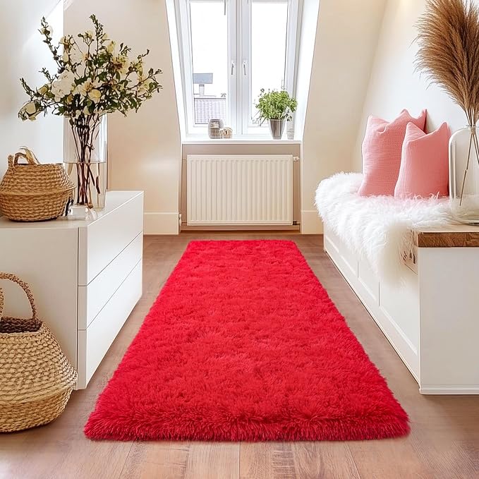 Red Runner Rug for Hallway, Bedroom Bedside Plush Rugs, Non Slip Fluffy Shaggy - Image 5