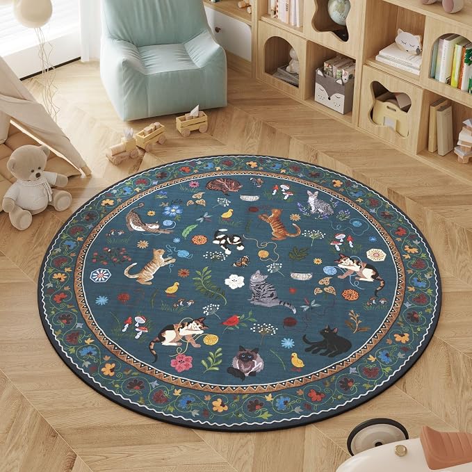 Rugcomf Round Rug 4ft Washable Circle Rug Non Slip Low Pile Boho Floral Animal by Rugcomf