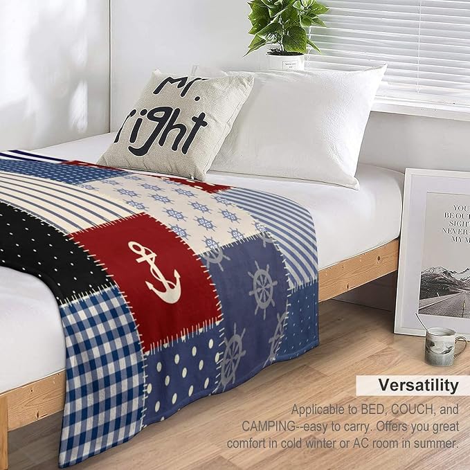 Nautical Blanket Vintage Coastal Rustic Red Blue White Polka Dot Stripe Anchor - Image 3