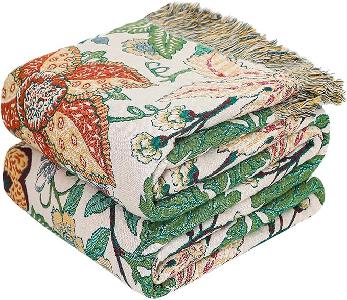 MSGKV Boho Throw Blanket for Couch Chair 100% Cotton Embroidery Floral Blanket by MSGKVHomeTextiles