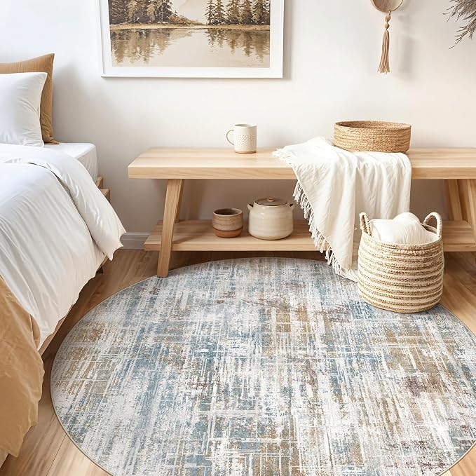 5ft Round Area Rug for Living Room: 5x5 Washable Neutral Abstract Modern Soft - Image 2