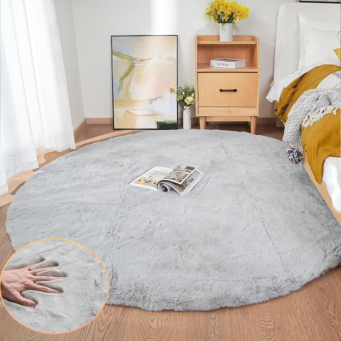 Grey Washable Fluffy Round Rugs 6ft Faux Bunny Fur Rugs by ORINOVA