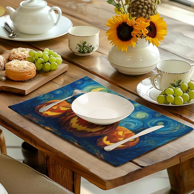 Halloween Placemats Set of 4 Pumpkin Vincent Van Gogh Starry Night Art Linen - Image 6