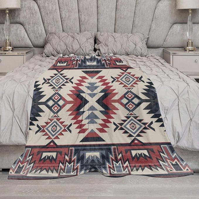 Southwest Blanket, Tribal Indian Throw Blanket Red Black Aztec Ethnic Geometric - Image 7