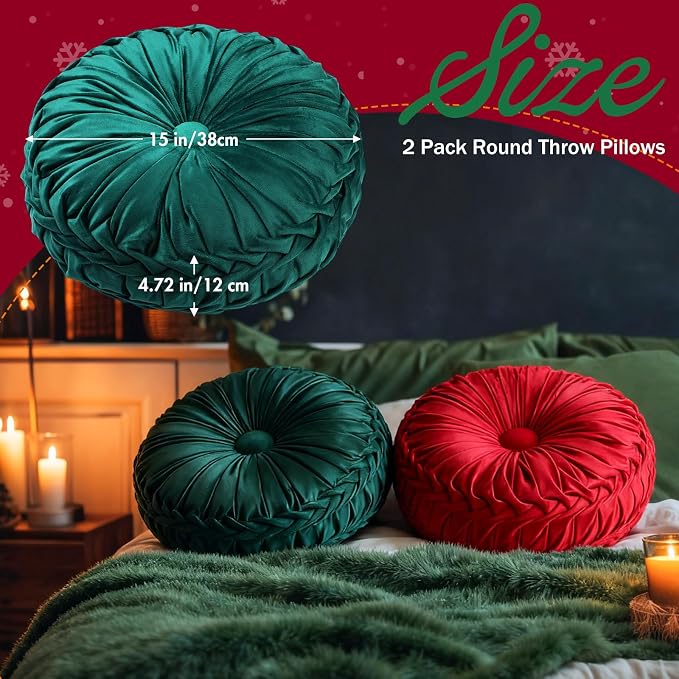 2 Pcs Round Throw Pillows 15 Inch Decorative Velvet Pleated Pumpkin Floor Boho - Image 2
