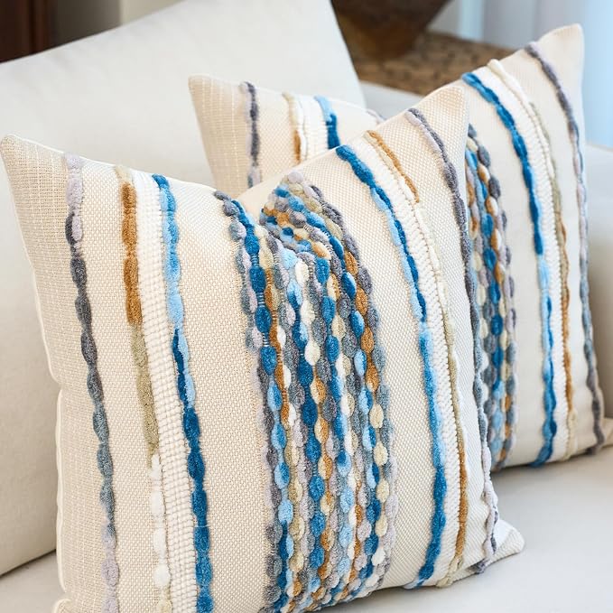 Aeckself Boho Pillow Covers 18x18 Inch Set of 2, Farmhouse Decorative Striped - Image 2