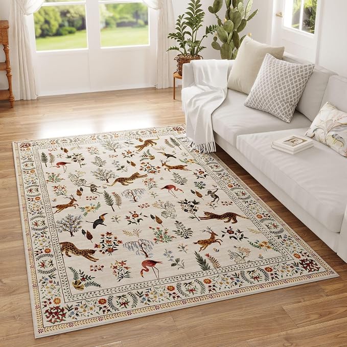 Rugcomf Area Rug 4x6 Rug Washable Boho Rugs Non Slip Low Pile Floral Animal by Rugcomf