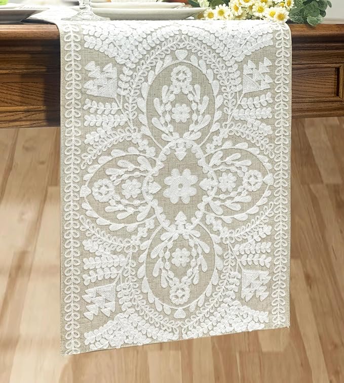 KEVA Boho Table Runner 36inches Long, Farmhouse Rustic Vintage White - Image 7