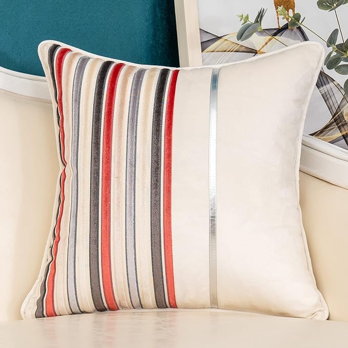 Yangest Red Striped Patchwork Throw Pillow Cover Silver Leather Cushion Cover by Yangest
