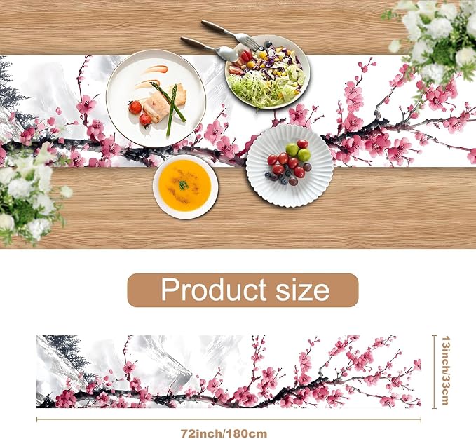 Asian Plum Blossom Table Runner – Elegant Ink Wash Cherry Flower Design – - Image 3