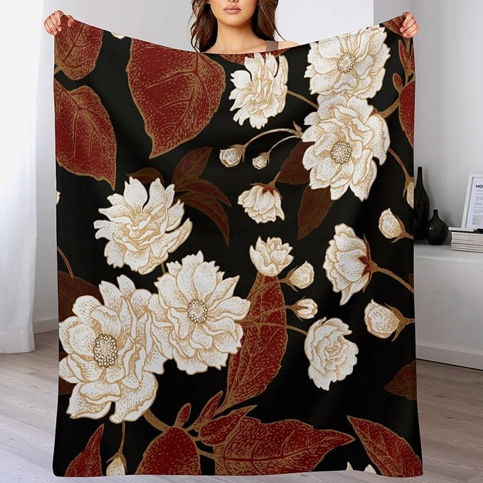 Red Gold Floral Blanket, Boho Dark Flower Leaves Chinese Plum Blossoms - Image 8