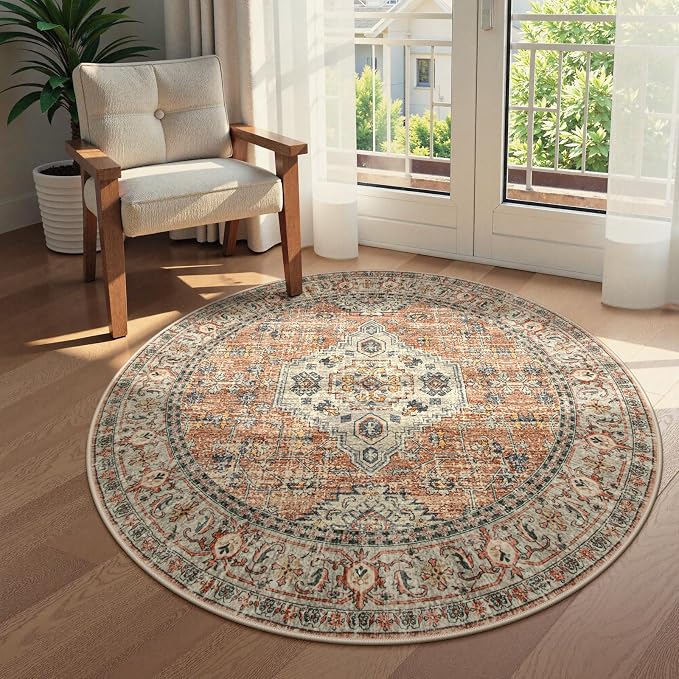 Lahome Oriental Washable Round Rugs, Non-Slip Round Rug 4ft Ultra-Thin by Lahome