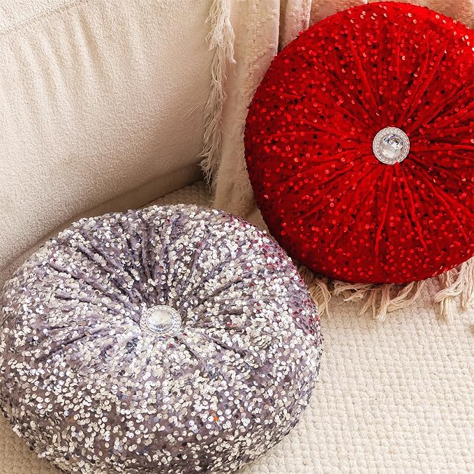 Round Throw Pillow, 13.7" Soft Glitter Sequin Pleated Pumpkin Decorative Round - Image 7