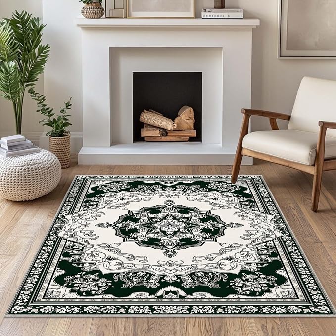 4x6 Traditional Oriental Area Rug Black White Dark Green Rug Non Slip Low Pile - Image 3