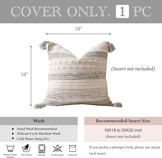 BlissBlush Gray Boho Decorative Throw Pillow Cover 18x18 Square Farmhouse - Image 4