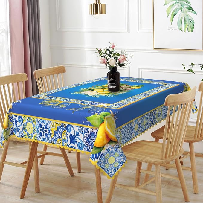 54x108inches Blue and Yellow Rectangle Tablecloth Summer Fruit Lemon Boho by TTQYFNM