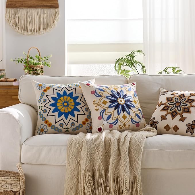 Embroidered Throw Pillow Cover 22x22 Classic Boho Floral Pattern Pillows Cover - Image 5