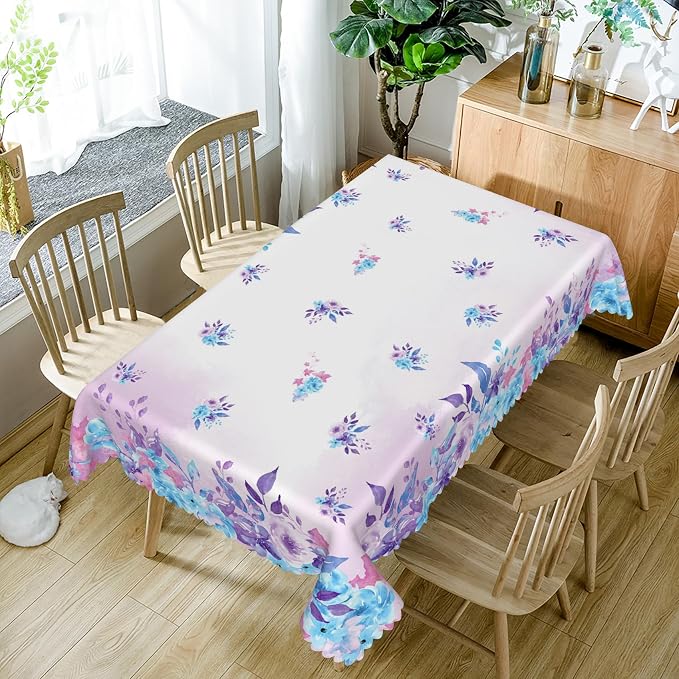 54x120inches Floral Rectangle Tablecloth Watercolor Purple Blue Flowers Printed - Image 5