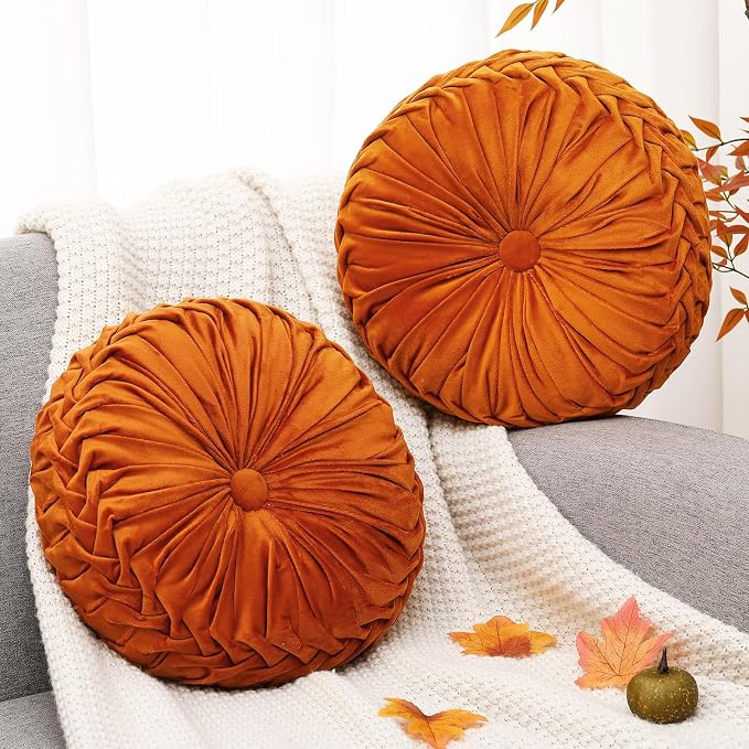 2 Pcs Round Throw Pillows 15 Inch Decorative Velvet Pleated Pumpkin Floor Boho by Beeveer