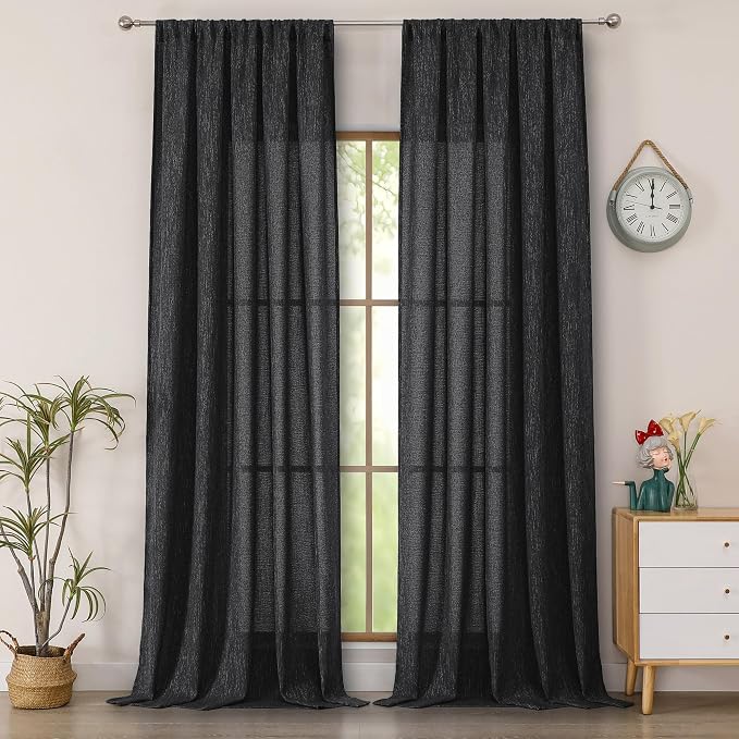 Simplebrand Black Faux Linen Textured Semi Sheer Curtains 108 Inches Long 2 by Simplebrand
