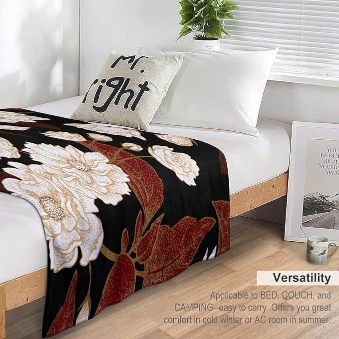 Red Gold Floral Blanket, Boho Dark Flower Leaves Chinese Plum Blossoms - Image 5