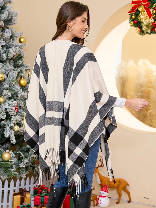 Moss Rose Women's Travel Plaid Shawl Wrap Open Front Poncho Cape - Image 5