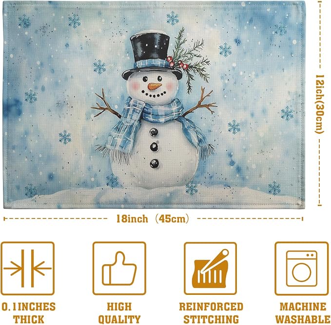Blue Snowman Snowflake Winter Placemats Set of 4 Seasonal Christmas Linen Table - Image 4