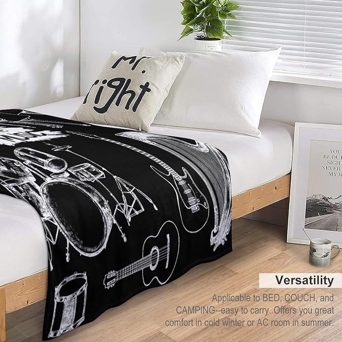 Music Blanket Drums Piano Guitar Black White Abstract Art Printed Soft Cozy - Image 3