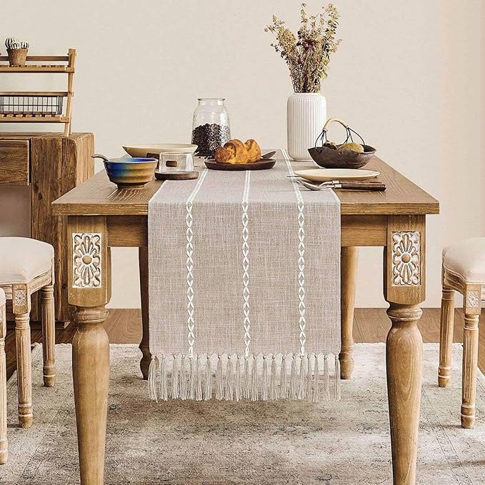 ZeeMart Farmhouse Braided Striped Table Runner, Rustic Beige Table Runners 48 by ZEEMARTONLINE