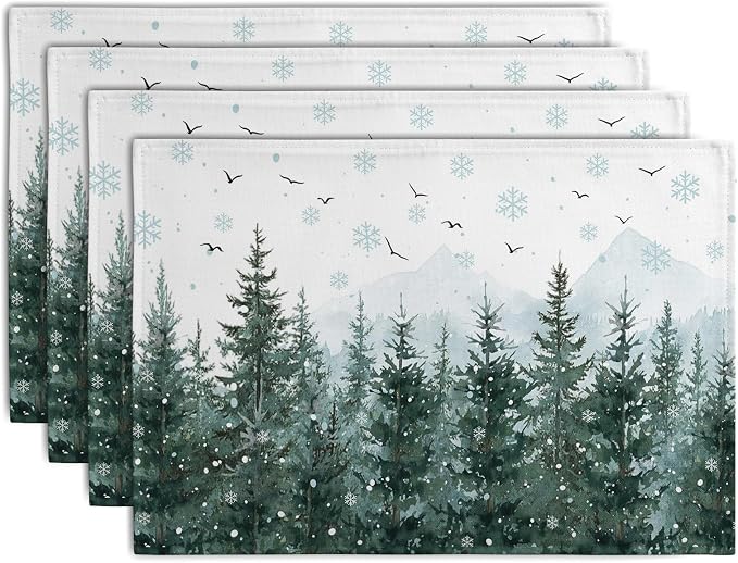 Winter Pine Tree Snowflake Placemats Set of 4 Christmas Snow Green Forest Place by Wnoesat