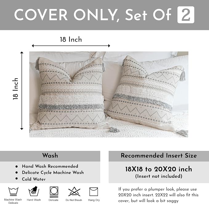 BlissBlush Gray Decorative Throw Pillow Cover 18X18 Combo Set of 2 Square Boho - Image 3