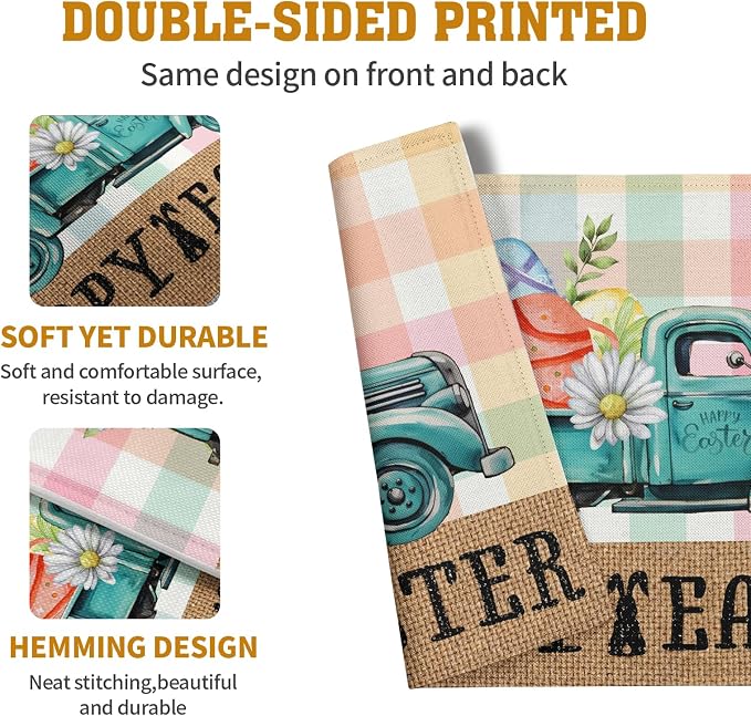 Happy Easter Placemats Set of 4 Pink Yellow Blue Buffalo Plaid Truck Eggs Daisy - Image 5