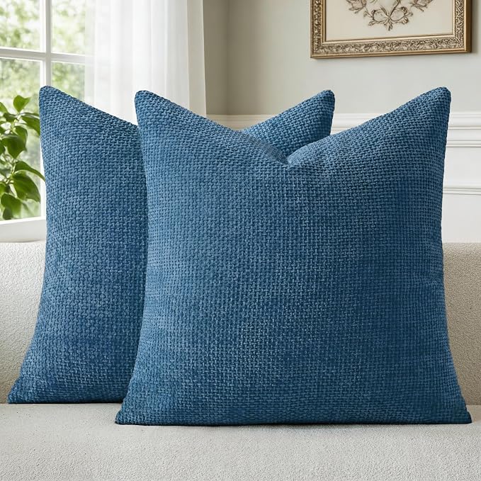 a moment Ocean Blue Chenille Throw Pillow Covers 22x22 Inch Pack of 2 Modern by amoment