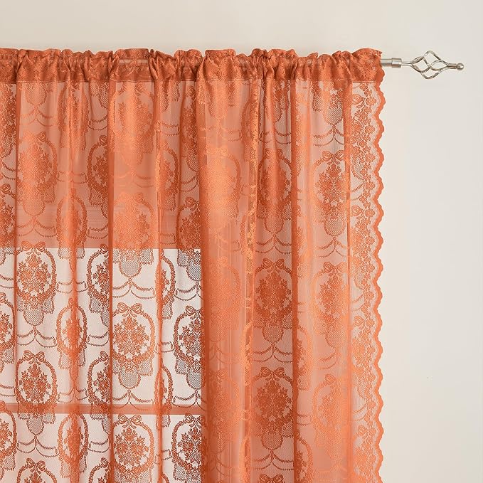Burnt Orange Lace French Delicacy Curtains 63 Inches Long -Rod Pocket Luxury - Image 4