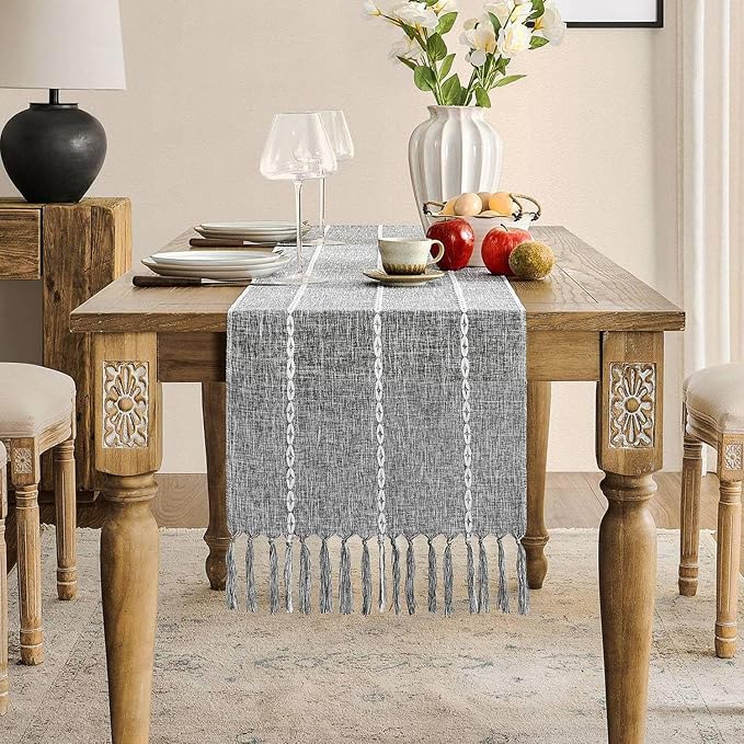 ZeeMart Farmhouse Braided Striped Table Runner, Rustic Grey Table Runners 36 by ZEEMARTONLINE