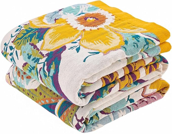 Farmhouse Throw Blanket, 100% Cotton Bohemian Vintage Quilt by KMBFWUHOME
