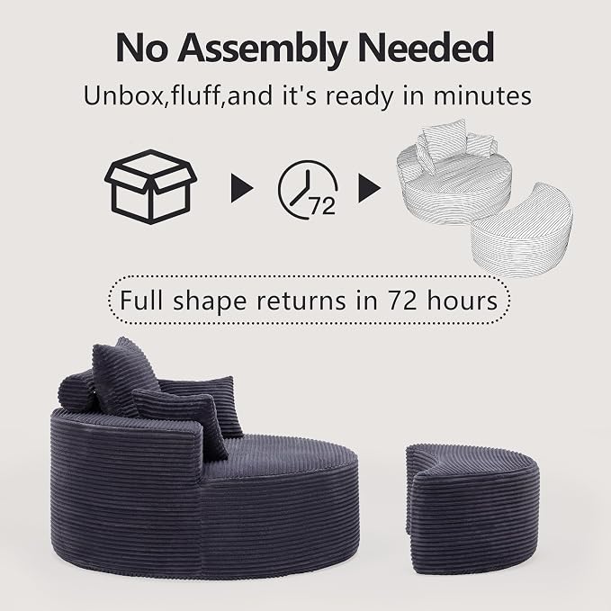 55.11" W Oversized Round Chaise Lounge Chair, Deep Seat Corduroy Cloud - Image 7