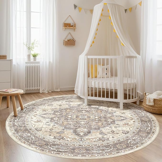 Round Rug Living Room Rugs: 8Ft Washable Boho Neutral Large Circle Soft Indoor - Image 5