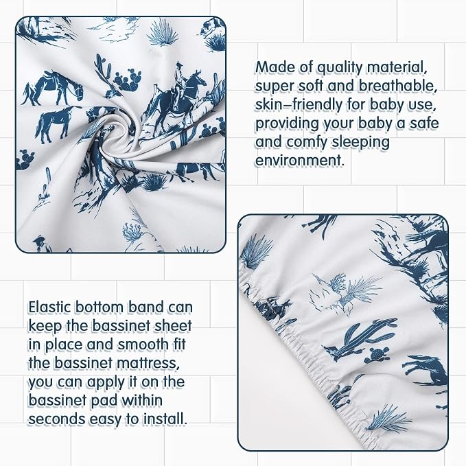 VitalCozy 4 Pcs Vintage Western Cowboy Bassinet Sheets Set 32 x 16 x 3 Inches - Image 3