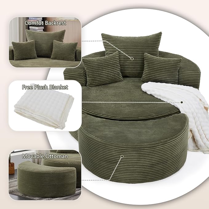 55.11" W Oversized Round Chaise Lounge Chair, Deep Seat Corduroy Cloud - Image 4