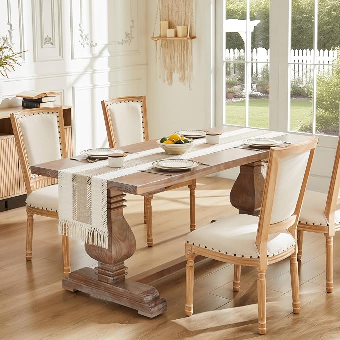 ZeeMart Macrame Style Bicolor Stitching Table Runner, 14 x 72 Inch Taupe/Ivory - Image 2